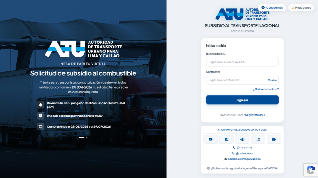 Plataforma Digital de Subsidios de la ATU BONO DE COMBUSTIBLE PARA TRANSPORSTISTAS